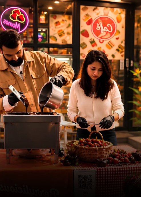 Deepak and Kanishka making chocolate-dipped strawberries at their Berrylicious stall